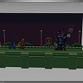 Pixel Art Game Scene With Characters On Green Platform And Purple Background