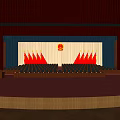 Spacious Conference Room With Red Curtains Golden Emblem And Arranged Seats