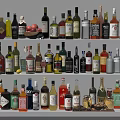 Elegant Wine Bottles and Glasses Display on Stylish Shelves with Decorative Accents