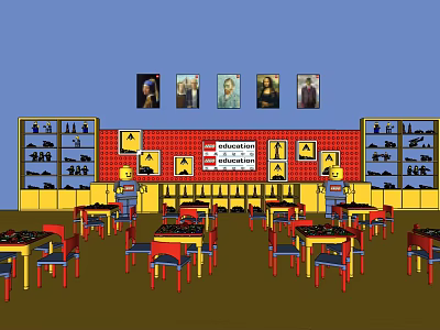 Kids Table with Blue Red Chairs in Children's Learning Space Red Wall Portraits Yellow Shelves and Toys 3d model