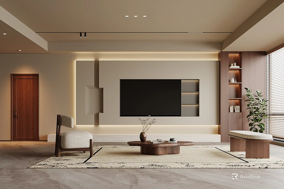 Modern Living Room Interior Design With TV Wall Built-in Shelves Accent Chair And Coffee Table 3d model 