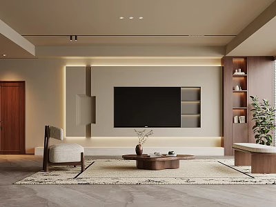 Modern Living Room Interior Design With TV Wall Built-in Shelves Accent Chair And Coffee Table 3d model