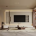 Modern Living Room Interior Design With TV Wall Built-in Shelves Accent Chair And Coffee Table