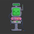 Retro Robot With Green Screen Smiley Face ERROR Display Pink Blue Body Control Panel Wires