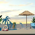 Beachside Relaxation Setup With Palm Trees Straw Umbrella Yellow Ice Cream Decoration And Deck Chairs