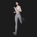 A Woman Running in White Tank Top and Gray Leggings Against Black Background