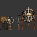Vintage Decorative Astronomical Instruments With Globe Armillary Sphere And Wooden Box