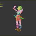 3D Female Character With Green Creature Accessory Holding Device And Making V Sign