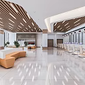 Modern Service Hall Interior With Spacious Space Orange Seats Service Counters And Wooden Ceiling