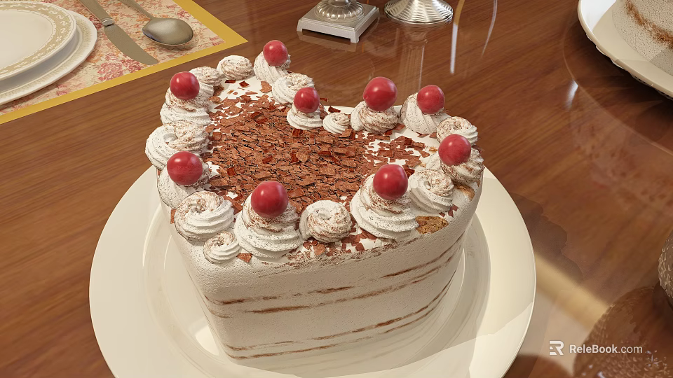 Delicious Heart Shaped Cake Topped With Cream Cherries And Chocolate Shavings On White Plate 3d model 