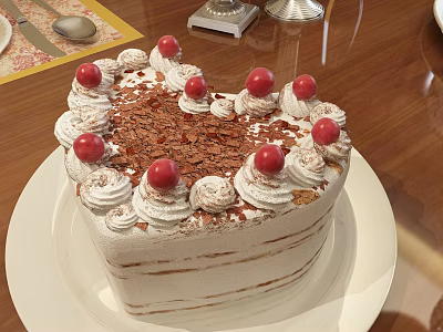 Delicious Heart Shaped Cake Topped With Cream Cherries And Chocolate Shavings On White Plate 3d model