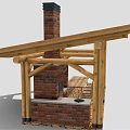 Rustic Wooden Gazebo With Brick Chimney Wooden Beams And Outdoor Dining Table And Chairs