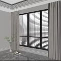 Modern Interior Floor to Ceiling Window With Blinds Gray Curtains And Green Plant