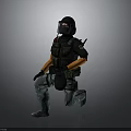 Tactical Gear Equipped Figure In Kneeling Stance With Black Helmet Orange Sleeves And Camouflage Pants