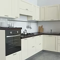 Modern White Kitchen Interior With Cabinets Countertop Sink Cutting Board And Fruits