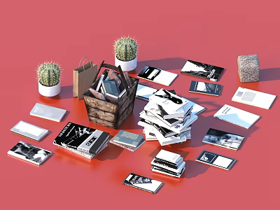 Books and Magazines Collection in Wicker Basket with Scattered Issues and Cacti on Red Background 3d model