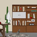 Modern Middle Ancient Bookcase Finished Bookcase Bookshelf Cactus Combination Bookcase Casual Table and Chair 3d model