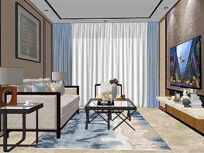 Front Desk Reception Lounge With Sofa Coffee Table TV And Curtain Decor 3d model