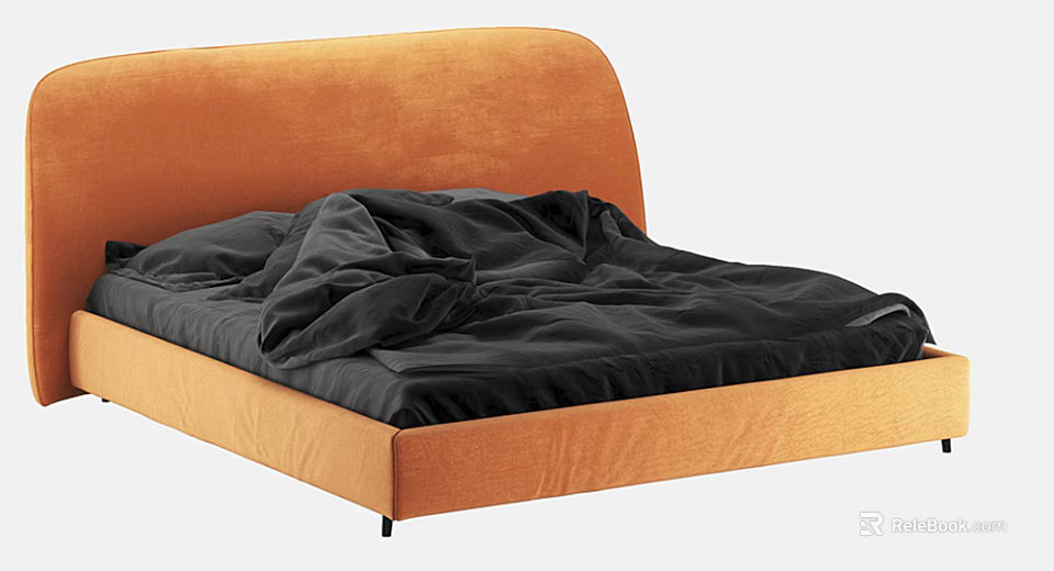 Modern Orange Upholstered Double Bed With Curved Headboard And Black Bedspread 3d model