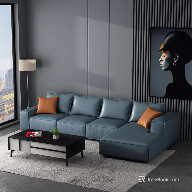 Blue Leather Sectional Sofa With Orange Cushions Coffee Table And City View 3d model