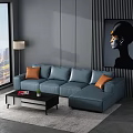 Blue Leather Sectional Sofa With Orange Cushions Coffee Table And City View 3d model