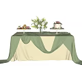 Decorated Table with Beige and Green Tablecloth Fruit Platter Cake and Floral Arrangement