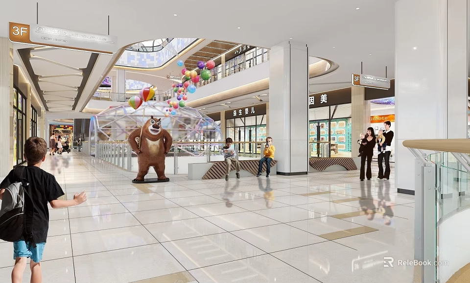 Vibrant Shopping Mall Atrium Featuring Colorful Balloons Cartoon Bear Sculpture And Shiny Floor 3d model 