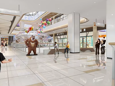 Vibrant Shopping Mall Atrium Featuring Colorful Balloons Cartoon Bear Sculpture And Shiny Floor 3d model