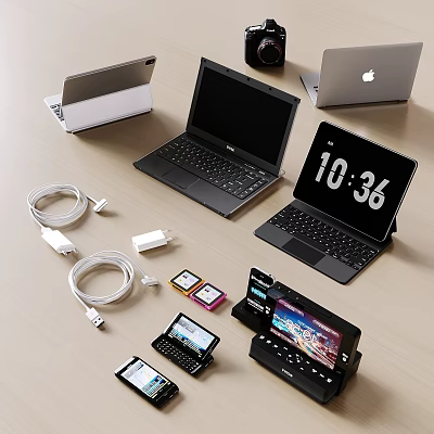 Multiple Laptops With Accessories Including Cables Chargers Memory Cards And Smartphones 3d model