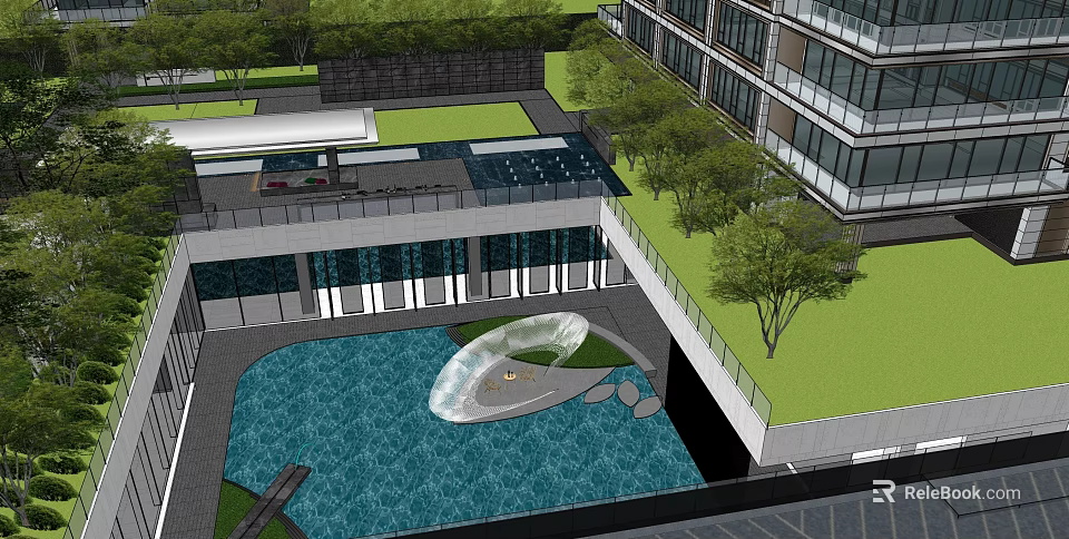 Modern Sales Office Building With Glass Curtain Walls Water Pond And Greenery 3d model 