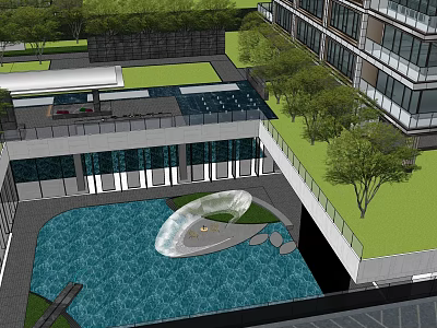 Modern Sales Office Building With Glass Curtain Walls Water Pond And Greenery 3d model