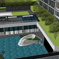 Modern Sales Office Building With Glass Curtain Walls Water Pond And Greenery