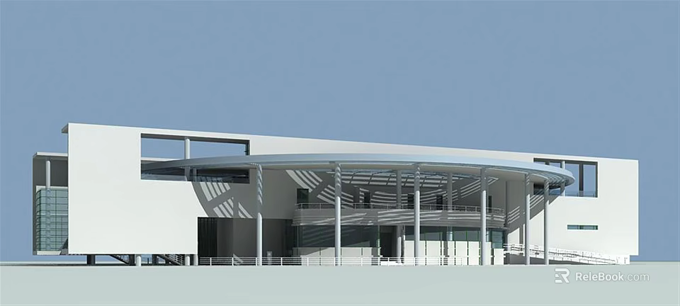 Modern White Building Exterior Featuring Large Windows Columns And Sunshade Structure 3d model
