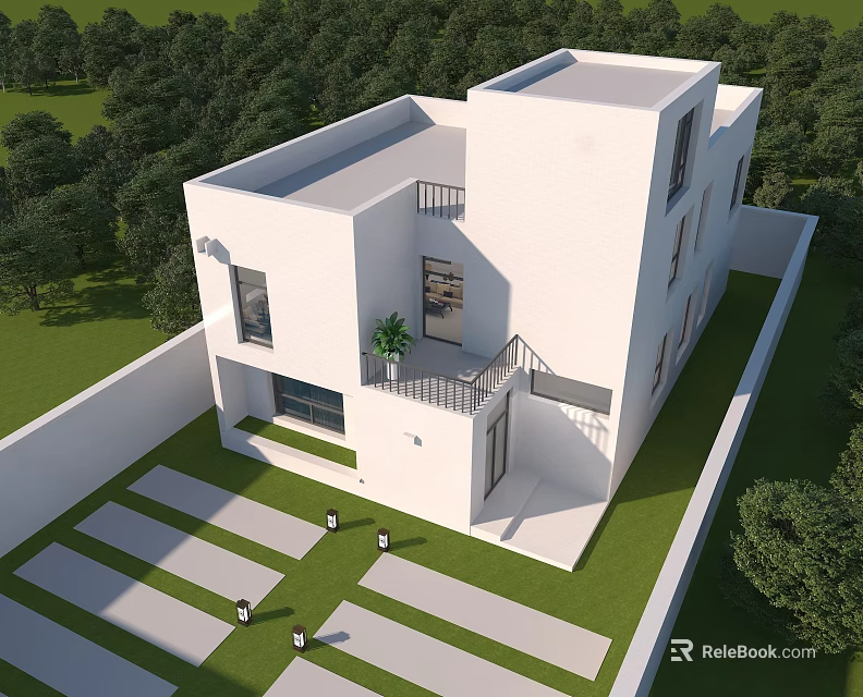 Modern White Detached Villa With Green Lawn Trees Balcony And Driveway 3d model 