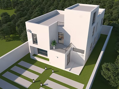 Modern White Detached Villa With Green Lawn Trees Balcony And Driveway 3d model