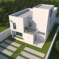 Modern White Detached Villa With Green Lawn Trees Balcony And Driveway