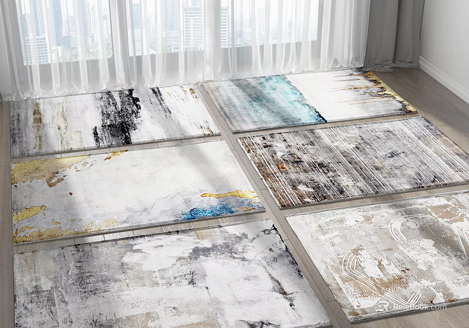 Modern Square Rugs With Abstract White Blue Gold Gray Patterns For Home Decor 3d model 