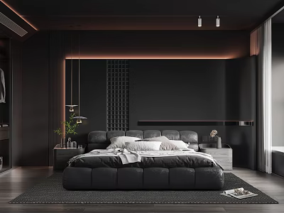 Modern Dark Bedroom Interior With Leather Bed Nightstands Green Plant And Area Rug 3d model
