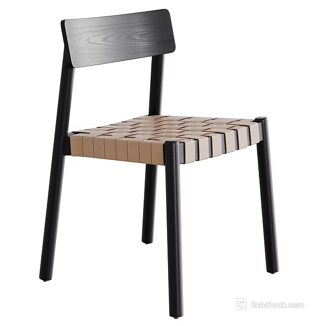 Modern Single Chair Featuring Wooden Back And Woven Seat With Metal Legs 3d model 