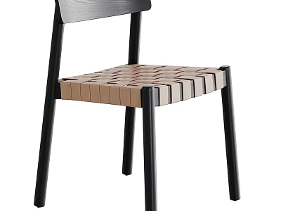 Modern Single Chair Featuring Wooden Back And Woven Seat With Metal Legs 3d model