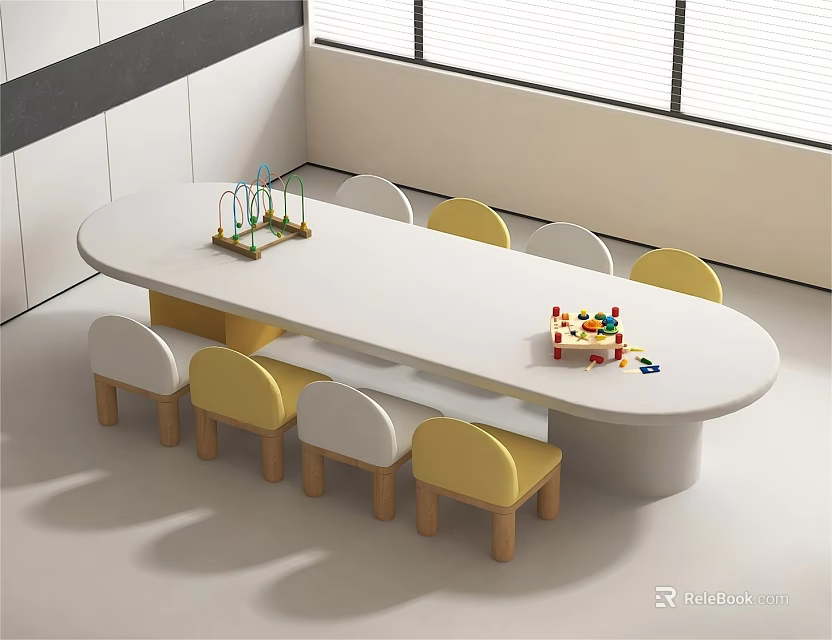 Spacious Kids Table with Yellow White Chairs and Building Blocks in Indoor Play Area 3d model 