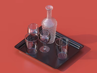 Wine Bottle and Multiple Glasses on Black Tray against Red Background with Transparent Design 3d model