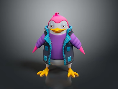 Cartoon Penguin Character With Pink Head Purple Top And Blue Vest Yellow Feet 3d model