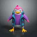 Cartoon Penguin Character With Pink Head Purple Top And Blue Vest Yellow Feet