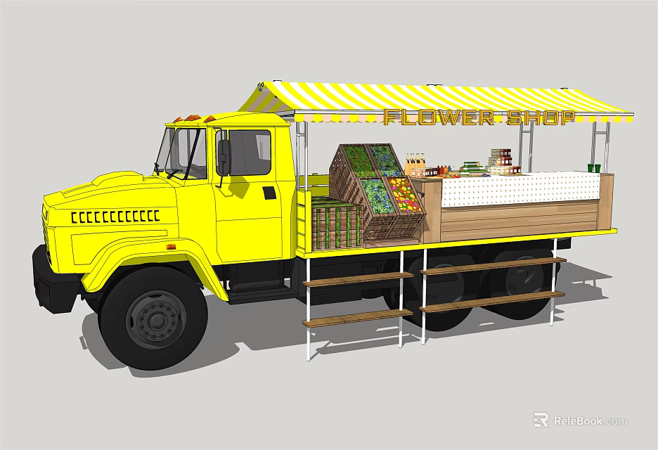 Yellow Flower Shop Truck With Canopy And Displays 3d model 