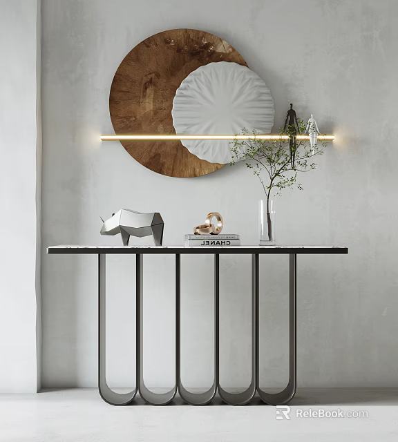 Modern Console Table with Marble Top Metal Legs and Decorative Plates Vase Plant Sculpture Books 3d model 