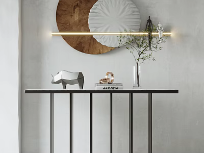 Modern Console Table with Marble Top Metal Legs and Decorative Plates Vase Plant Sculpture Books 3d model
