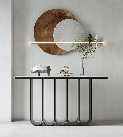 Modern Console Table with Marble Top Metal Legs and Decorative Plates Vase Plant Sculpture Books 3d model