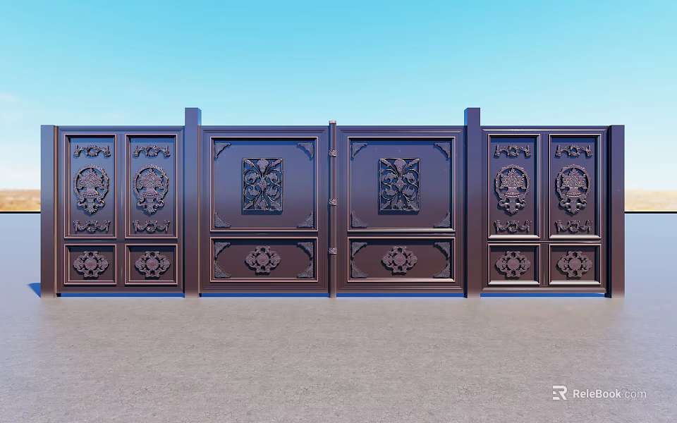 Dark Brown Metal Gate with Intricate Carved Patterns Against Blue Sky and Gray Ground 3d model 