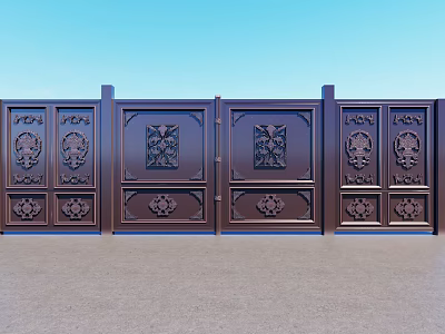 Dark Brown Metal Gate with Intricate Carved Patterns Against Blue Sky and Gray Ground 3d model